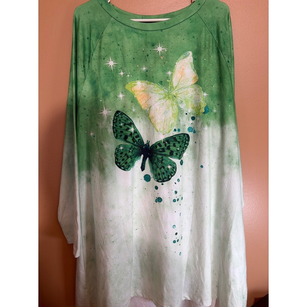 JustFashionNow Green Ombre Butterfly Graphic Long Sleeve Tunic Top Womens 3XL
